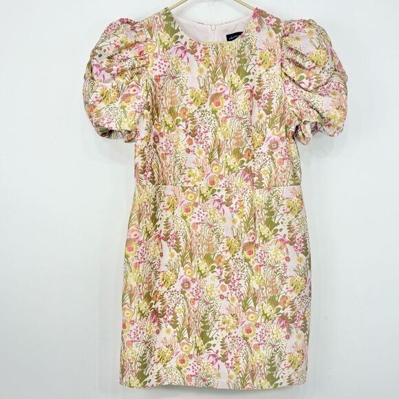 Clover and Sloane Pink Green Floral Print Jacquard Puff Sleeve Sheath Mini Dress - Picture 4 of 16